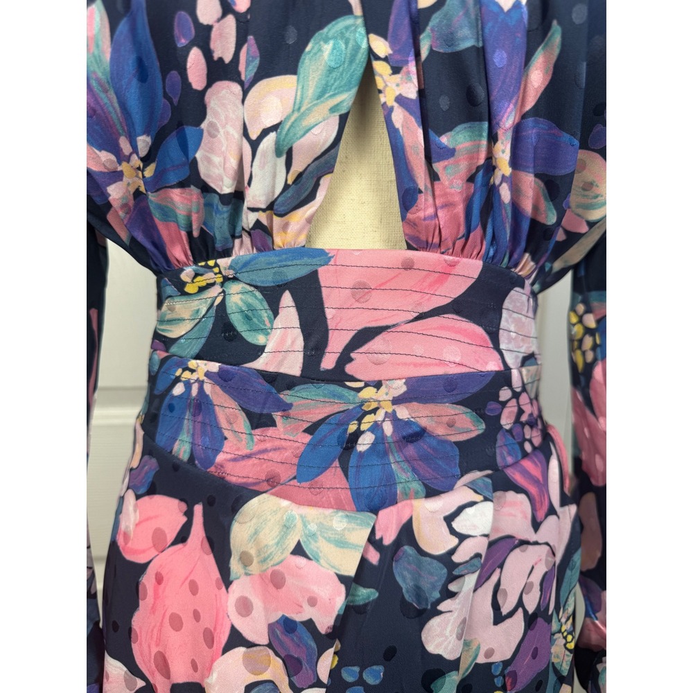NWT For Love & Lemons Victoria Satin Floral Midi Dress Navy Pink Long Sleeve M - Picture 6 of 13